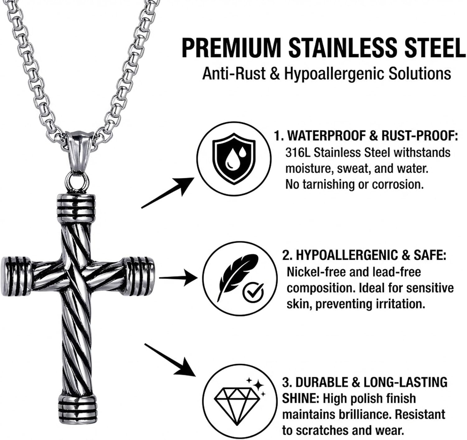 Stainless Steel Cross Pendant Necklace for Men, 24inch Vintage Silver-tone Christian Pendant Chain Hypoallergenic Cross Jewelry for Men Son Grandson Gift for Birthday Religious Valentines Day - Image 4