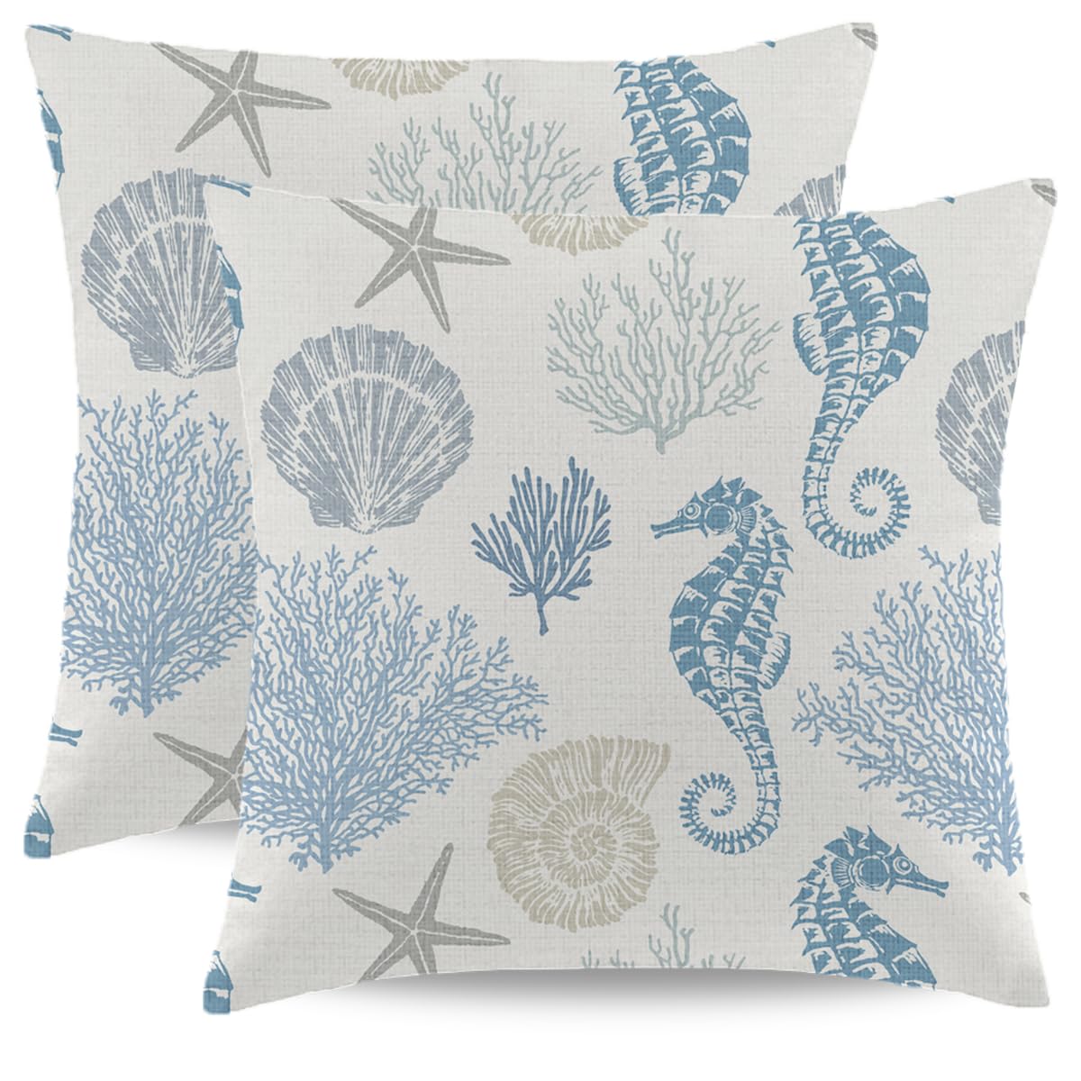 Coastal Throw Pillow Covers 16 x 16 Inch Set of 2 Summer Ocean Themed Pillow Covers Beach Seashell Starfish Seahorse Pillow Cases Linen Square Cushion