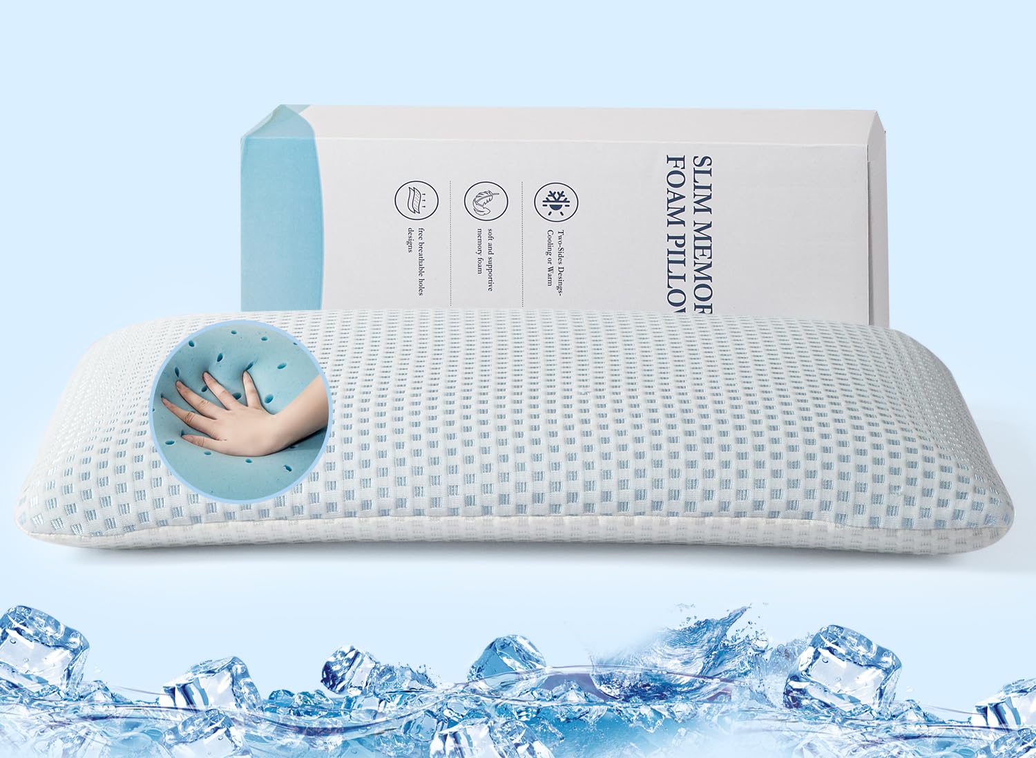 Ultra Thin Pillow 3.25"H Gel Memory Foam Flat Pillow for Stomach and Back Sleepers, Cooling Two-Sided Low Profile Bed Pillow for Stomach Sleeping, Slim Design for Cervical Neck Alignment and Support