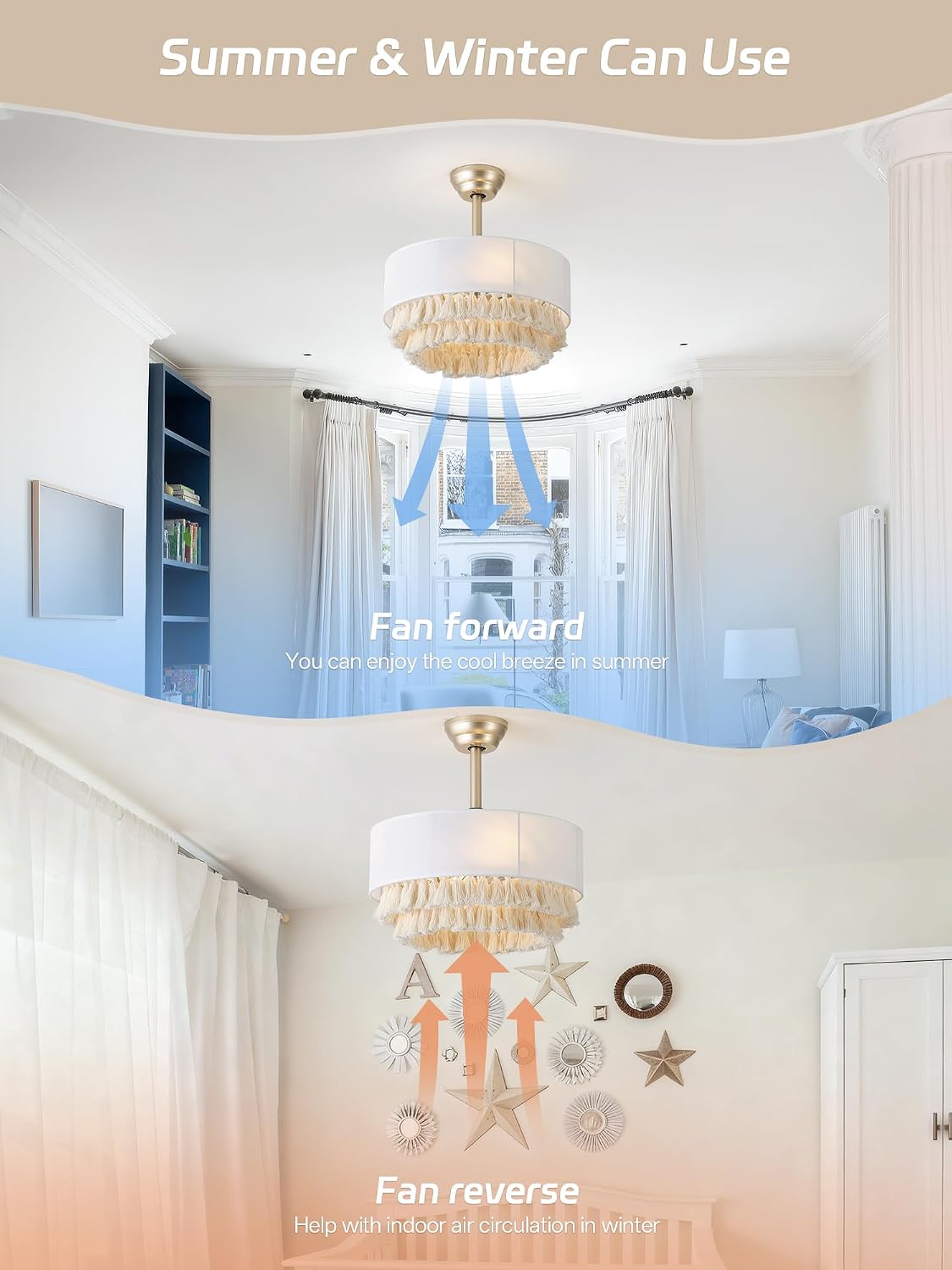 Boho Fandelier Ceiling Fan with Light, 20inch Bladeless Chandelier Ceiling Fan with Lights for Bedroom, Living Room, Farmhouse Fandelier 6 Speed with Remote, Timing Adjustable Height, White