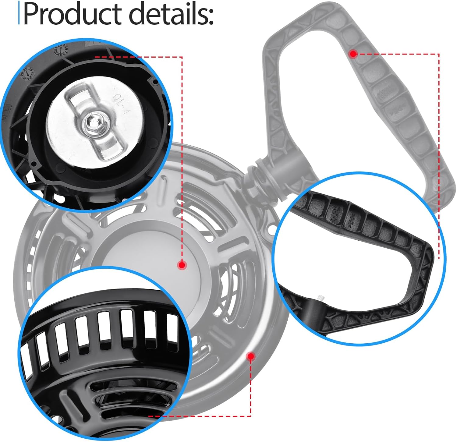 Pahareup-hareup views of the recoil pull starter's handle, housing, and internal mechanism