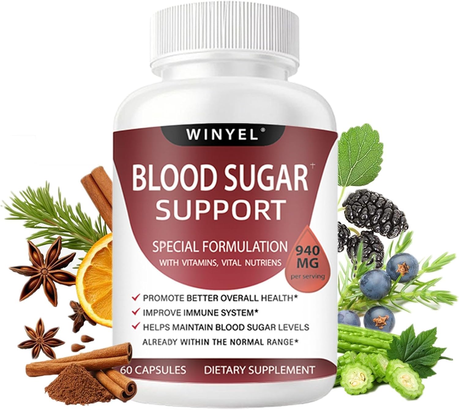 Blood Sugar Complex Supplement - with Cinnamon, Bitter Melon, Chromium, Mulberry, Alpha Lipoic Acid, 60 Capsules