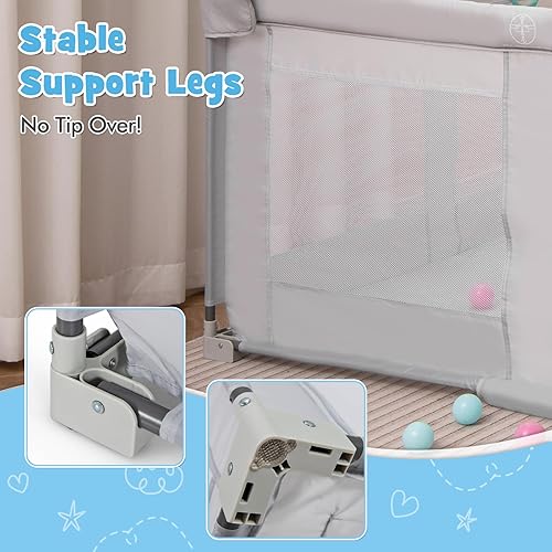 Miniatura 7 de Costzon Corralito plegable para bebés, corralito portátil de 59 x 59 pulgadas con 50 bolas oceánicas, 4 asas, bolsa de transporte, malla visible,