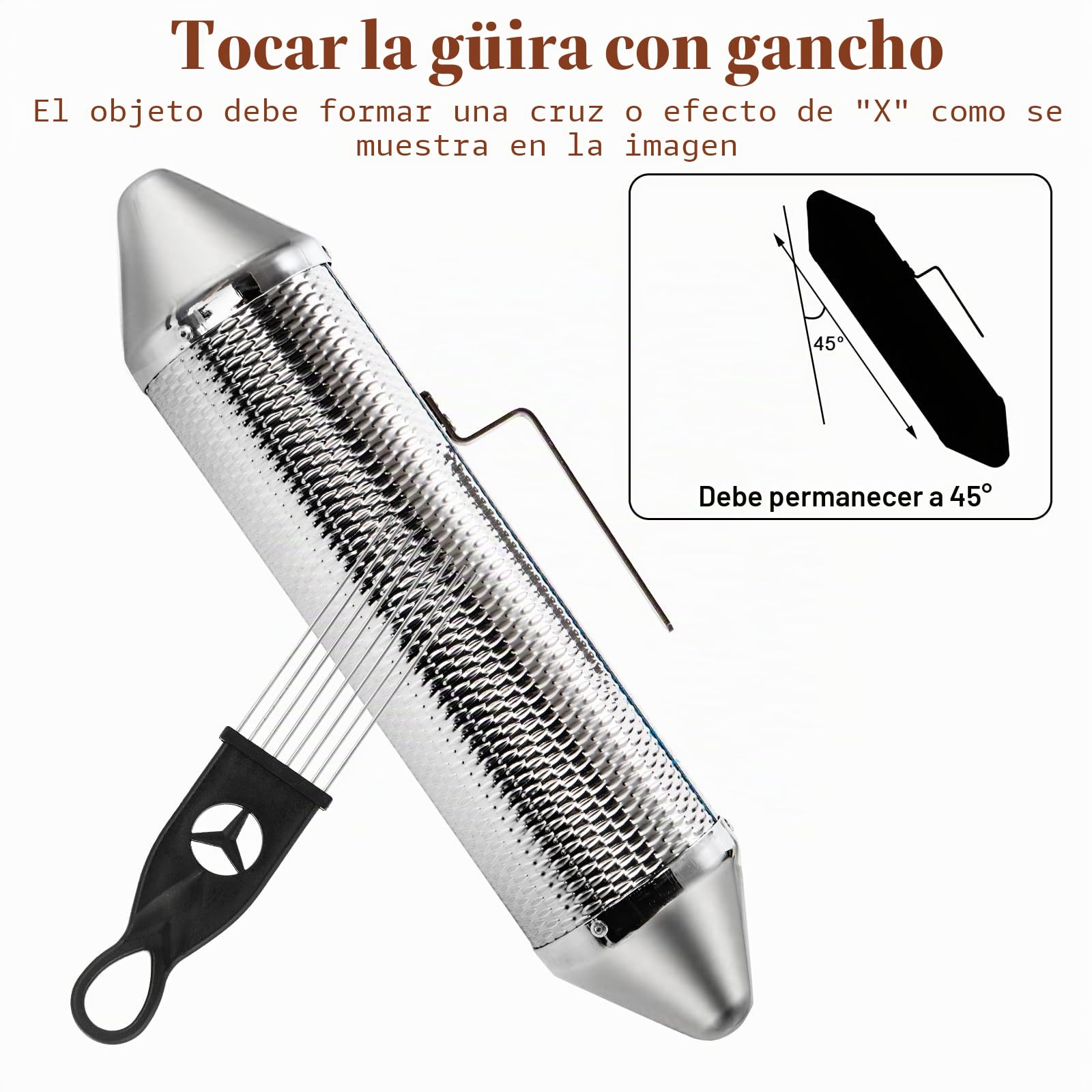 SOUJOY Guiro Instrument, coctelera Guiro de acero inoxidable con 2 raspadores, instrumento de percusión latina de 15 x 3 pulgadas, martillo de arena profesional de acompañamiento de banda para