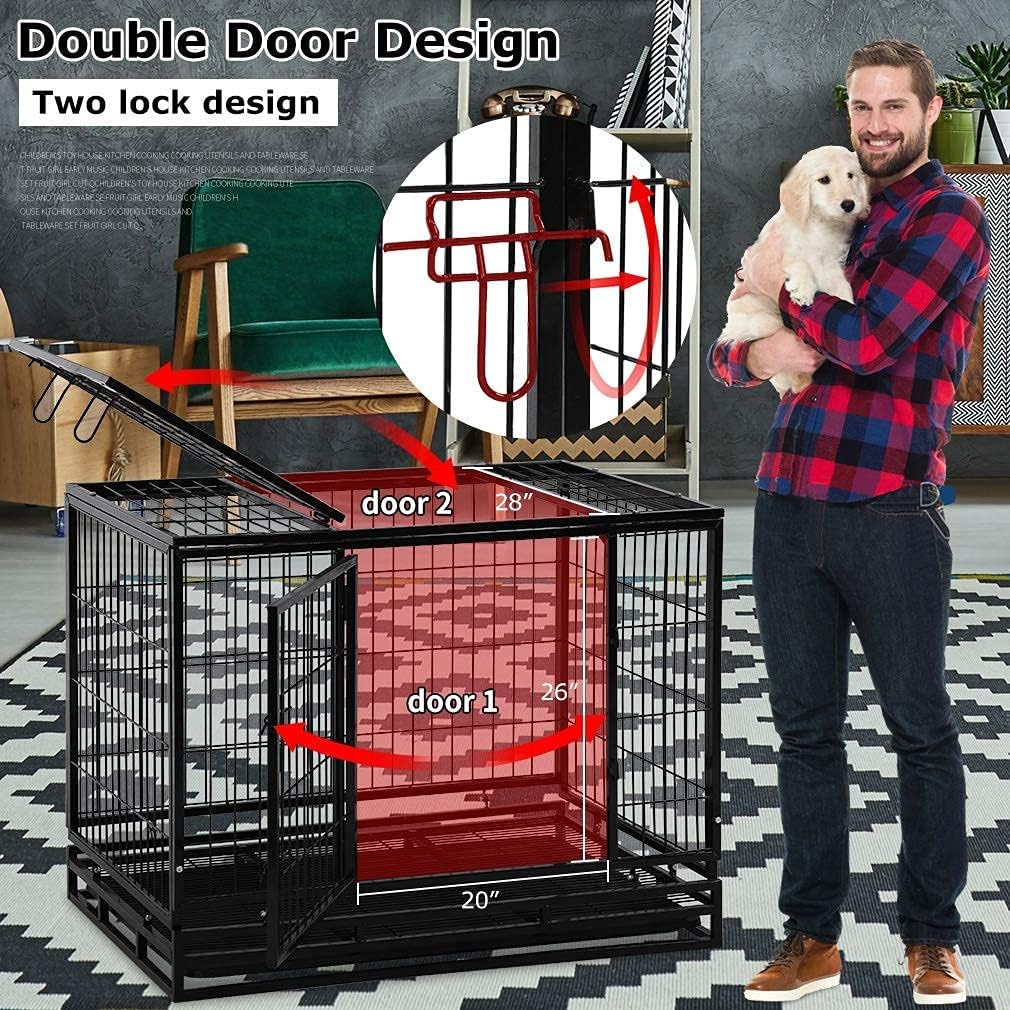HHS GINMAON 48 inch Dog Crates for Large Dogs Heavy Duty Dog Cage Folding Metal Kennels & Crates with Double Door Removable Plastic Tray & Wheels for Medium & Large Dogs Indoor Outdoor Training-Black