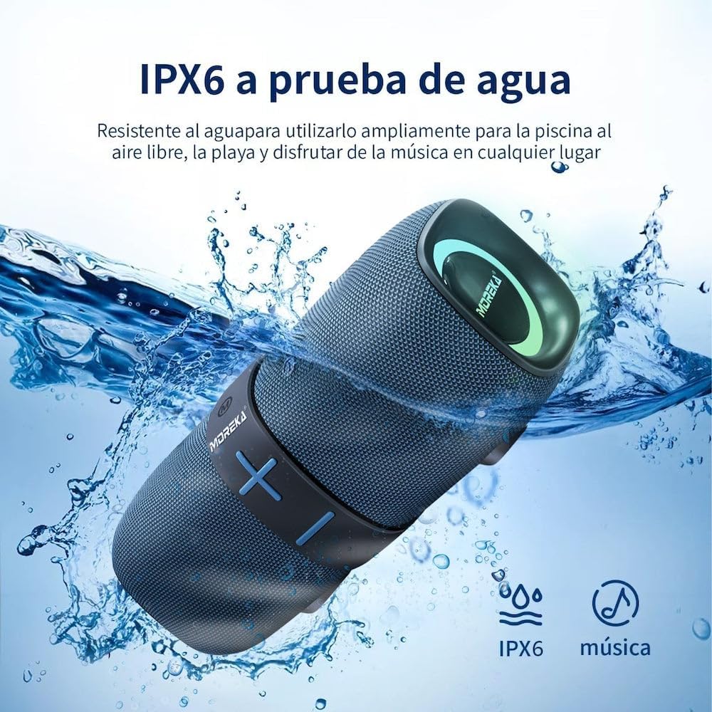 MOREKA Bocina Bluetooth 385 speaker being splashed with water, illustrating its IPX6 water resistance.