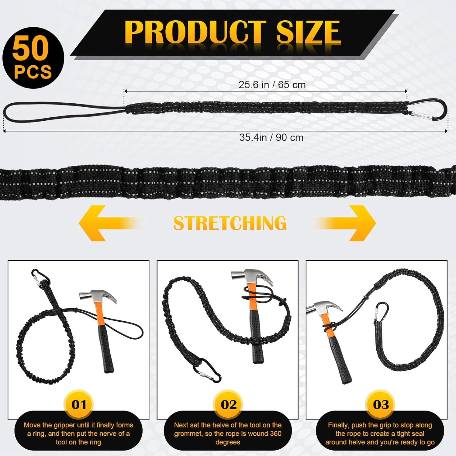 LEIFIDE 50 Pcs Tool Lanyard Standard Length Safety Tool Leash 17.6lb 8kg Tough Adjustable Fall Protection Tether with Aluminum Screw Lock Buckle, Shock Cord Stopper and Retractable Loop End, Black