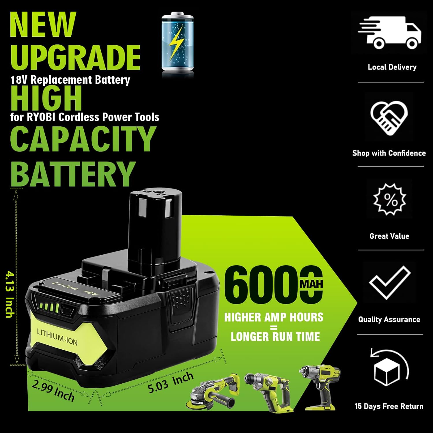 6.0Ah 18V P108 Battery Li-ion Replacement Compatible with Ryobi 18V Battery Ryobi ONE+ P108 P102 P103 P104 P105 P107 P109 P122 Cordless Power Tools Battery with LED Indicator
