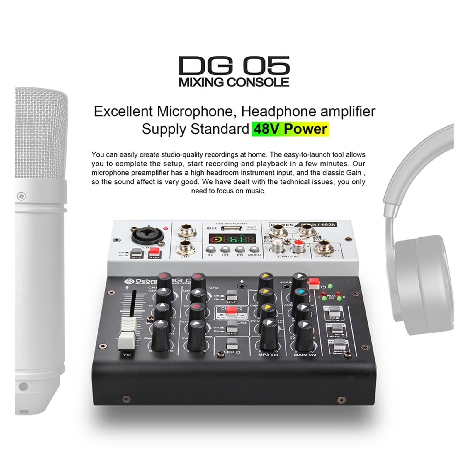 DJ-Mixer, DG05 24bit 192kHz Schnittstelle Soundkarte Studioqualität 5.0 BT for PC E-Gitarre Live-Aufnahme Gesang mit Überwachung