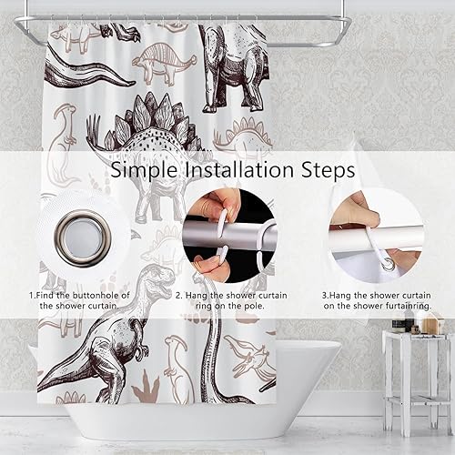 Miniatura 72 de Cortina de ducha de baño con temática de dinosaurio, cortina de ducha de hojas tropicales de dinosaurio verde con ganchos, cortina de ducha de tela