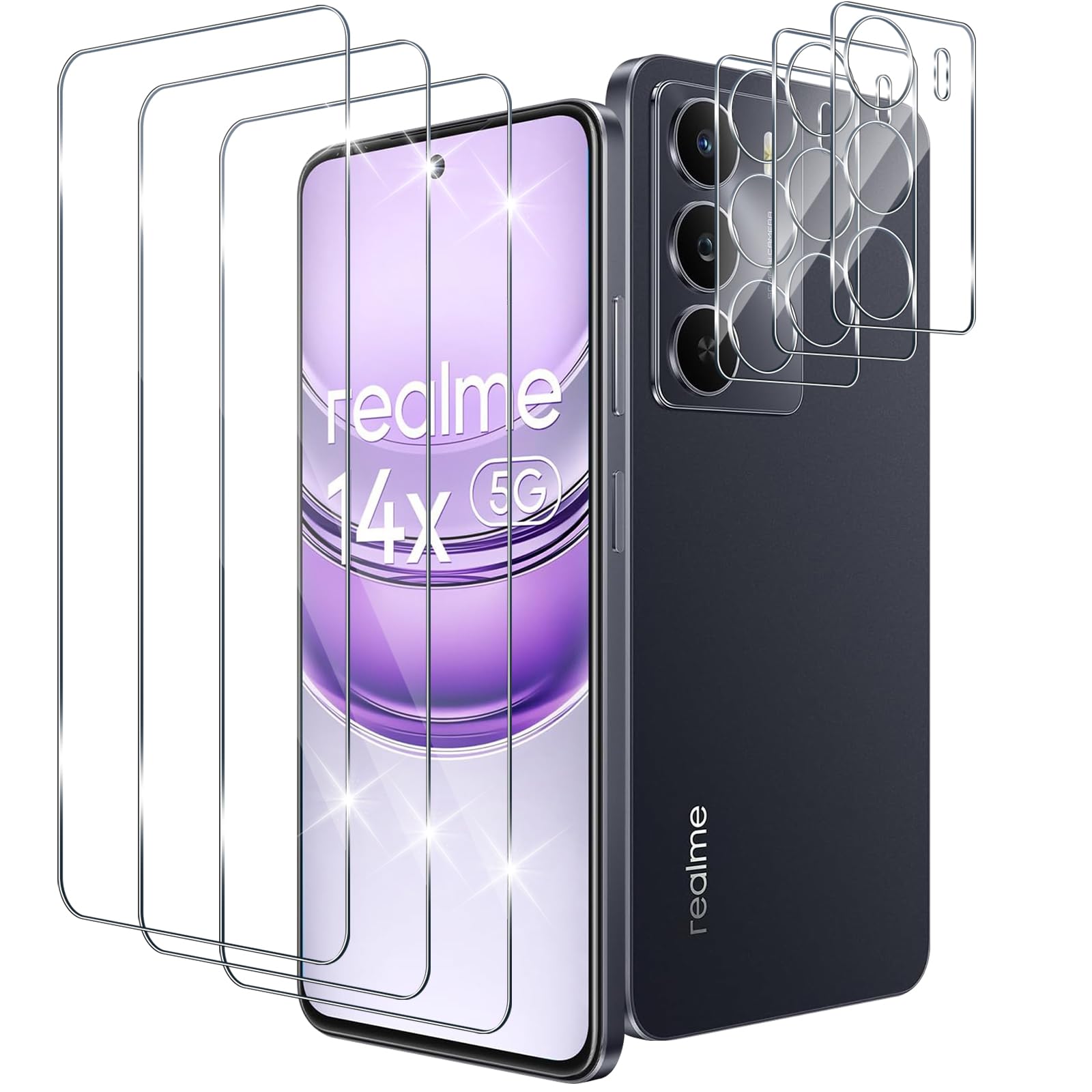 Pellicola Vetro Temperato per Realme 14X 5G [3+3 Pezzi], con HD Protezione Lente Fotocamera, [Durezza 9H Anti Graffi] 0,33mm Vetrino Protezione Schermo Pellicola Protettiva