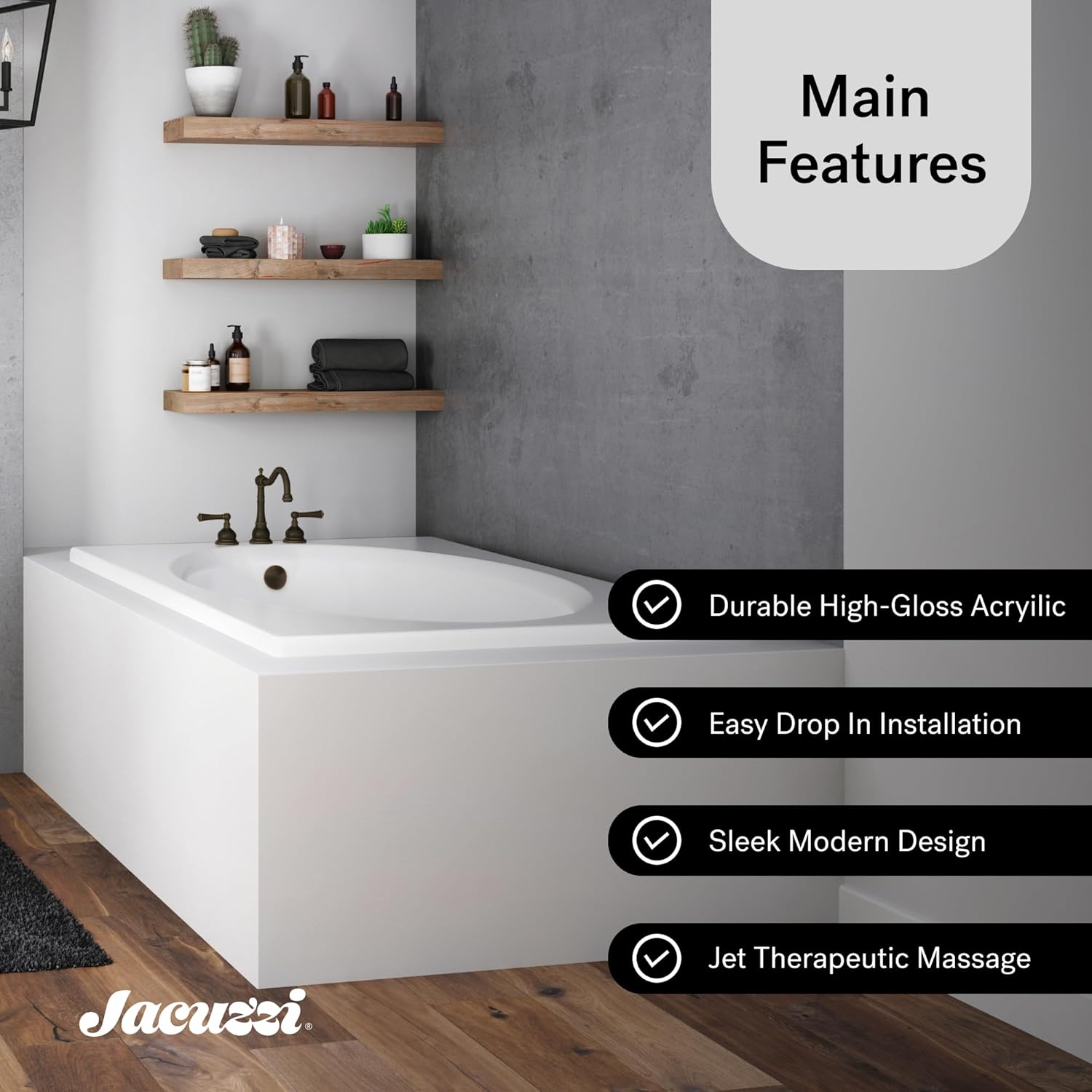 Main features of the Jacuzzi Signature Bathtub including durable acrylic, easy installation, modern design, and jet therapeutic massage.