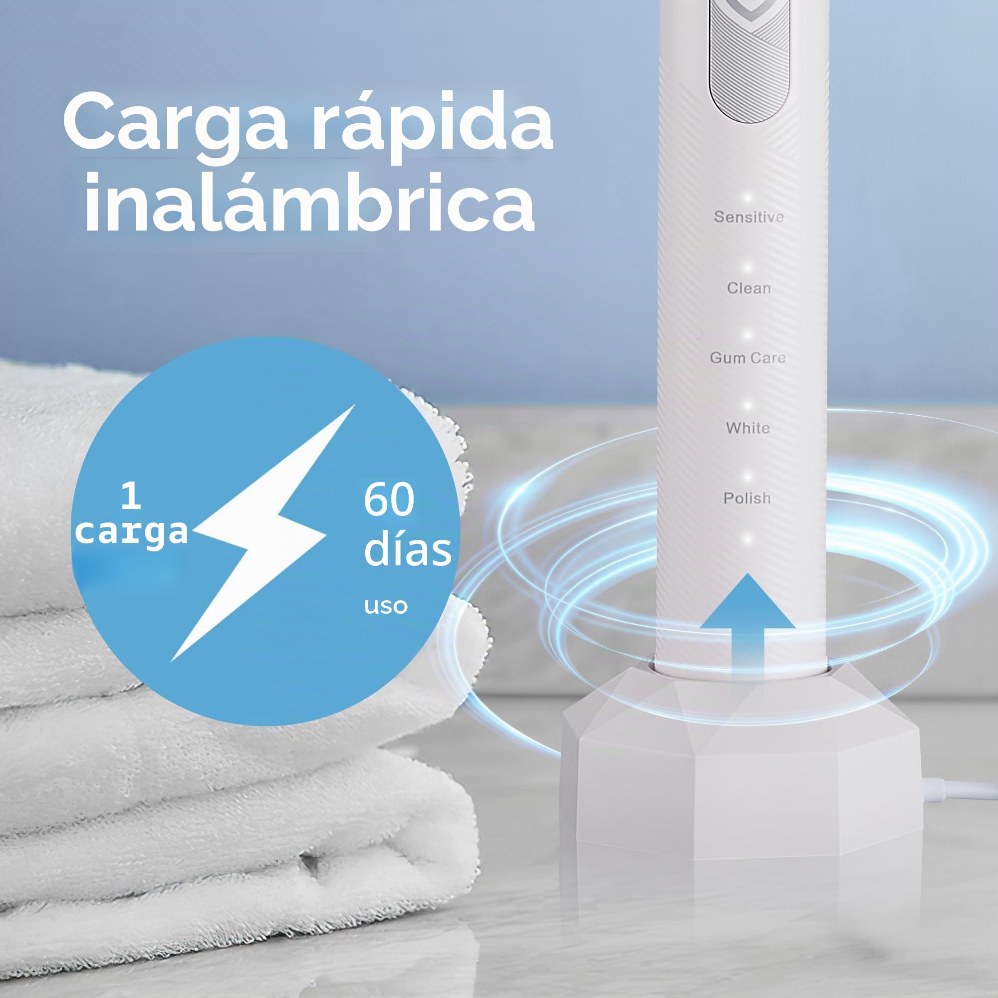 BarberBoss Cepillo Eléctrico, Cepillo de dientes sónico, 5 modos cepillado, 6 cabezales, sensor de presión, temporizador inteligente y estuche de viaje, Blanco