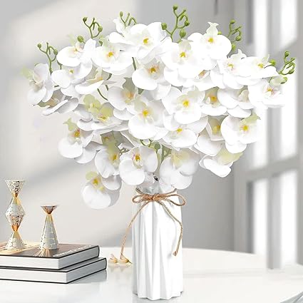 TIED RIBBONS Polyester Set Of 3 Decorative Artificial Orchid Flowers For Vase (93.98 Cm, White) D coration Items For Home Decor Living Room Bedroom Office Table Top Centerpiece