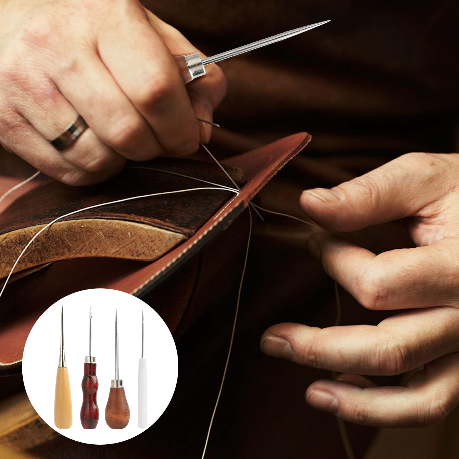 4-teiliges Ahlen Set Mit Holzgriff - Vorstecher Für Leder, Stoff, Canvas, Ideal Für Nähen & Basteln