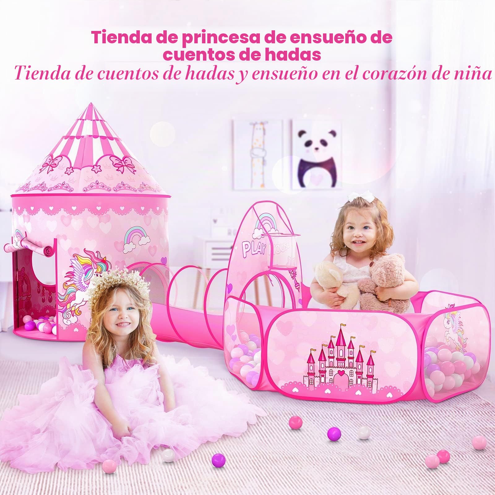 Wilwolfer Tienda de Campaña Infantil Pop-up+Túnel de Juego Infantil+Piscina de Bolas Bebé - 3-en-1 Tienda de Juego para Niños Niñas - Gran Casita Infantil Interior y Exterior