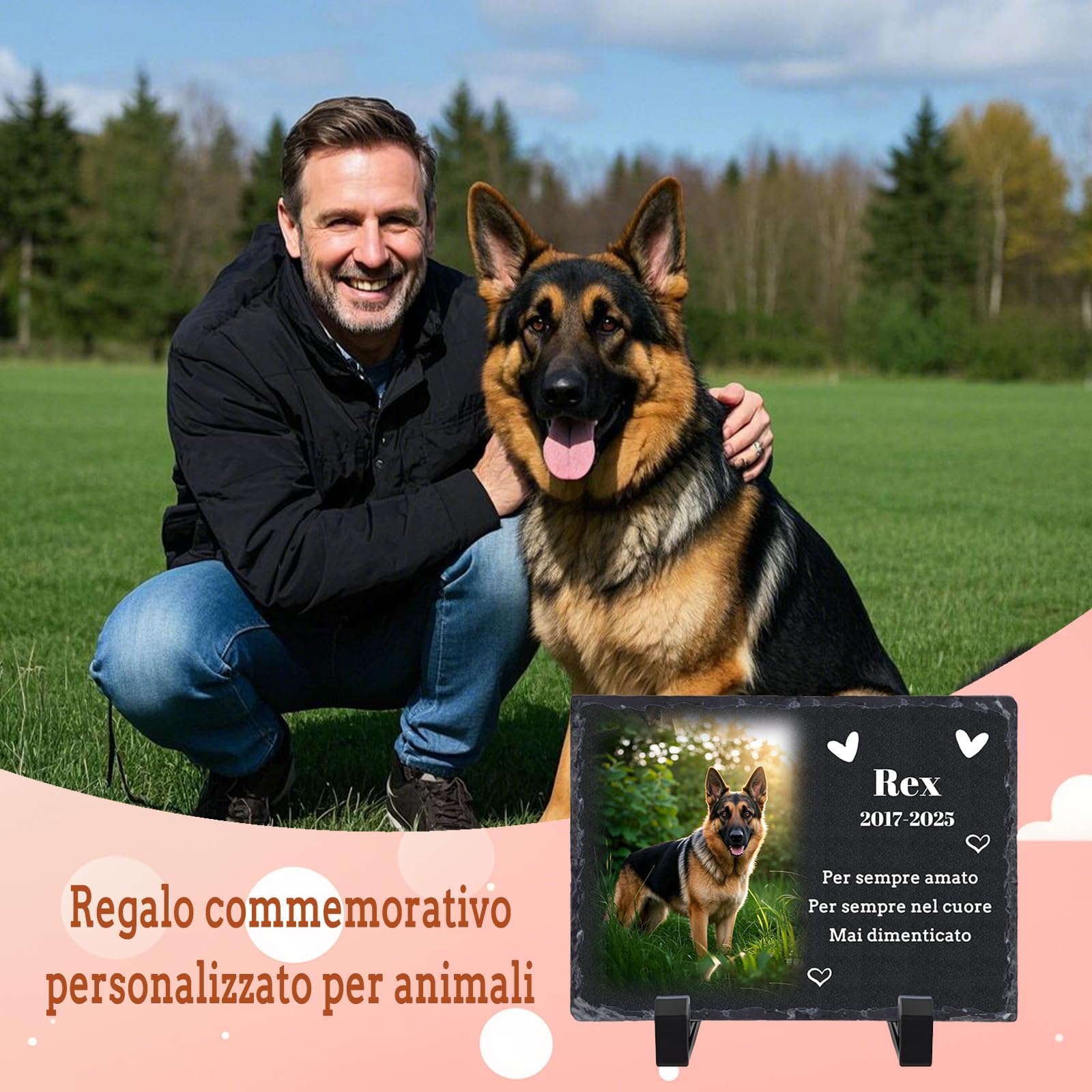 Targa commemorativa Personalizzata in Ardesia per Animali Domestici, lapide con Foto e Supporto, commemorativo per Cani defunti, lapide Personalizzata, 10x14/14x20/20x30 cm