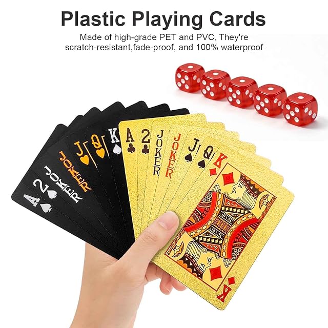 Foto 6 de 8 de JWENUPDE Paquete de 2 cartas de plástico impermeables, baraja de lujo con textura de diamante dorado y negro