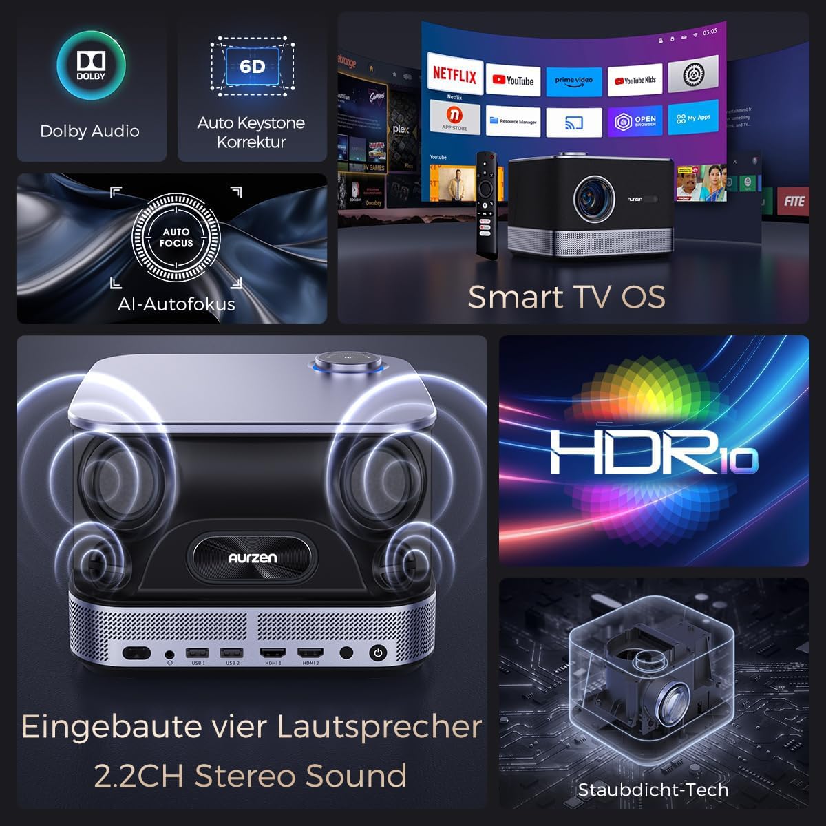 Aurzen Boom 3 Proiettore Netflix Ufficiale Dolby Videoroiettore 4K Supporta Auto Focus Keystone, Proiettore WiFi Bluetooth 500 Ansi Projector Full HD 1080P Nativo, Altoparlanti da 36 W, Nero