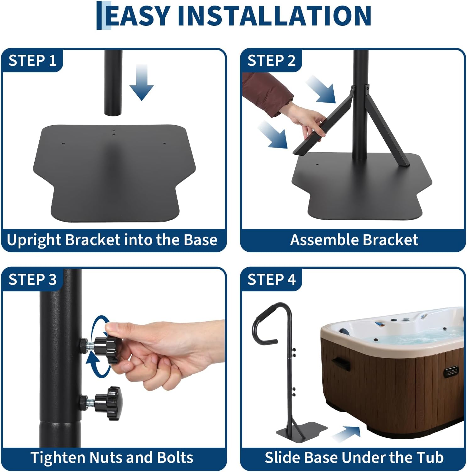 Slide Under Hot Tub Handrail for Above Ground Pool,38"-58" Adjustable Safety Spa Handrail, Deck Mount Swivel Hand Rail with Towel Hook for Indoor and Outdoor, 600LBS Capacity
