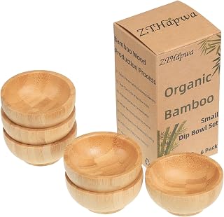 ZTHapwaKitchen Bamboo Dipping Bowls Set - 6 Small 1.4oz Pinch Bowls for Soy Sauce, Condiments, Snacks & Charcuterie Boards