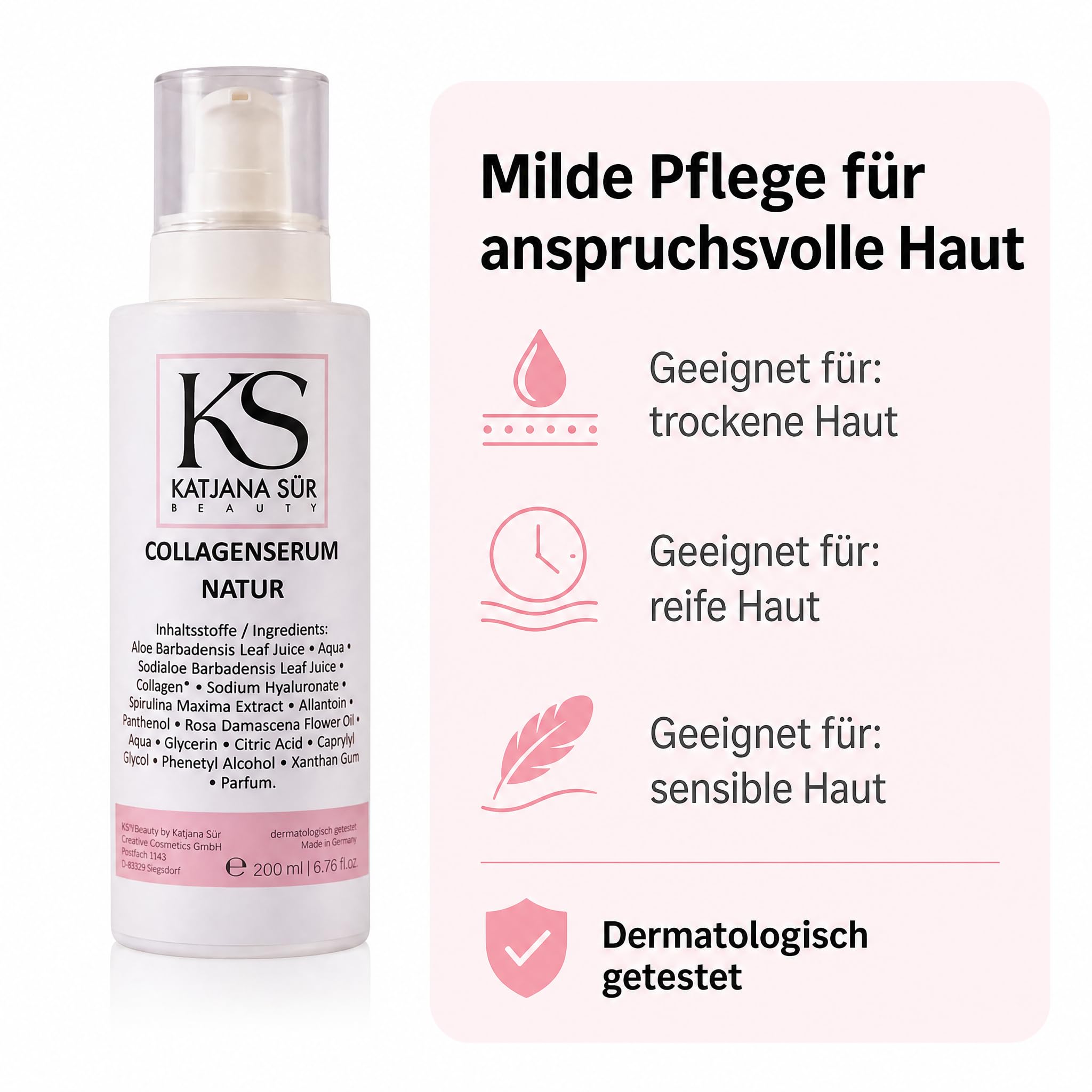 KS Beauty Collagen Serum Natur, Hyaluron & Aloe Vera, 200 ml | Feuchtigkeitsserum für Gesicht mit Rosenöl, Spirulina & Panthenol – dermatologisch getestet, Made in Germany