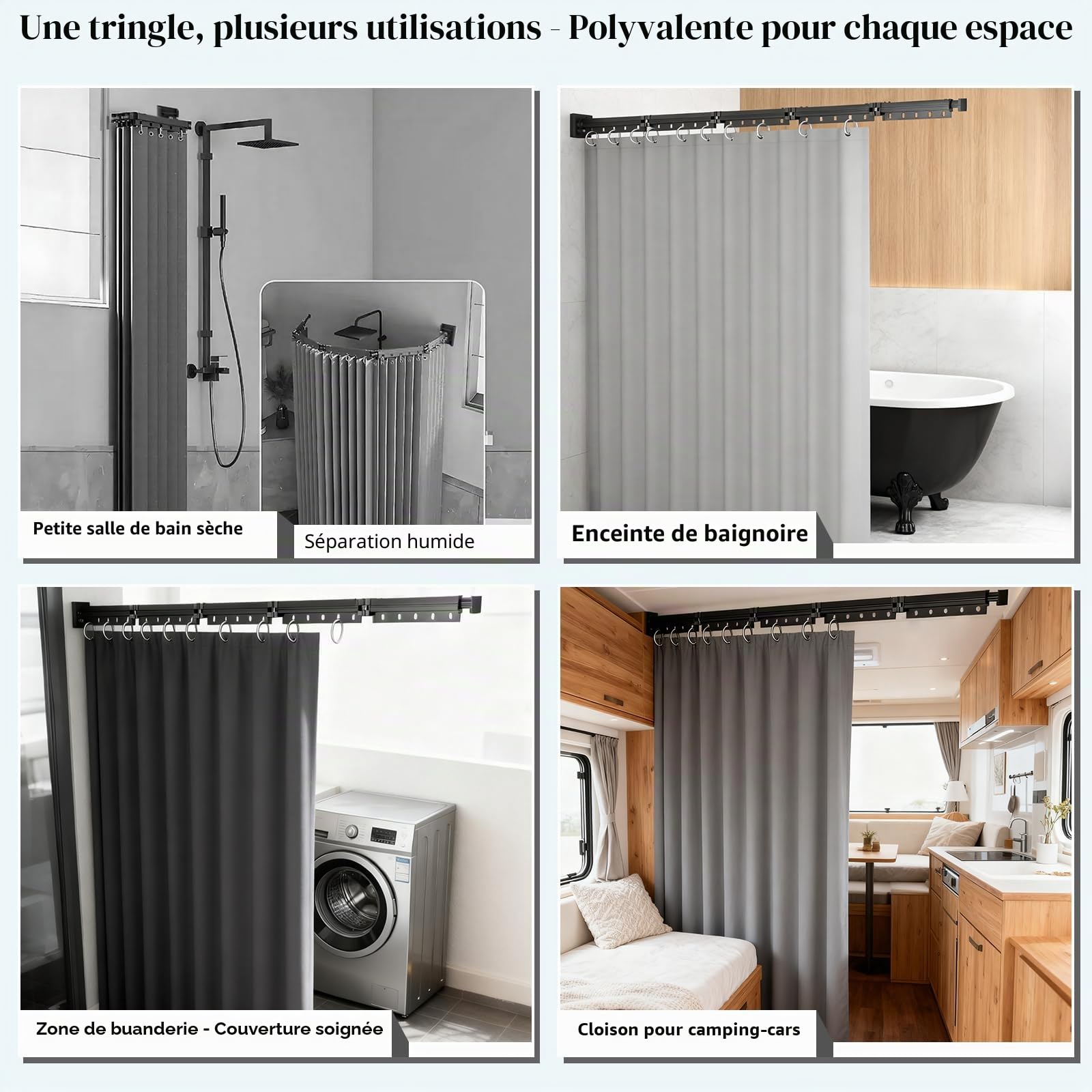Pliable Tringle à Rideau Barre de Douche Angle Sans Percage, 1,8 m × 2 m Rideau de Douche Pliable Anti Moisissure Imperméable, Forme U/L/Droite, pour Salles de Bain, Vestiaires, Camping-cars