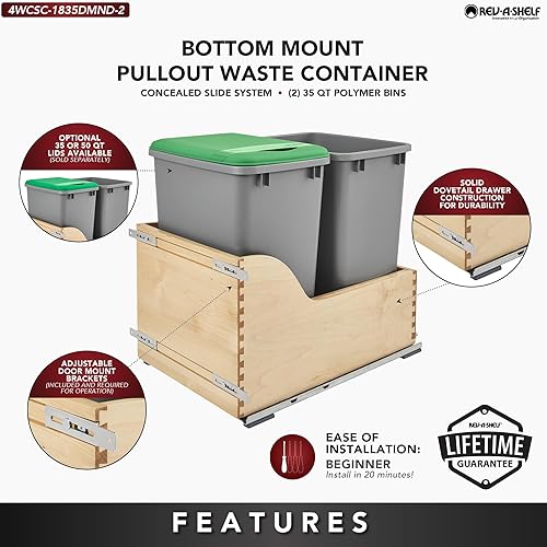 Miniatura 4 de Rev-A-Shelf Bote de basura extraíble para armarios de cocina de 35 cuartos de galón 8.75 galones montado en la parte inferior, toboganes de cierre