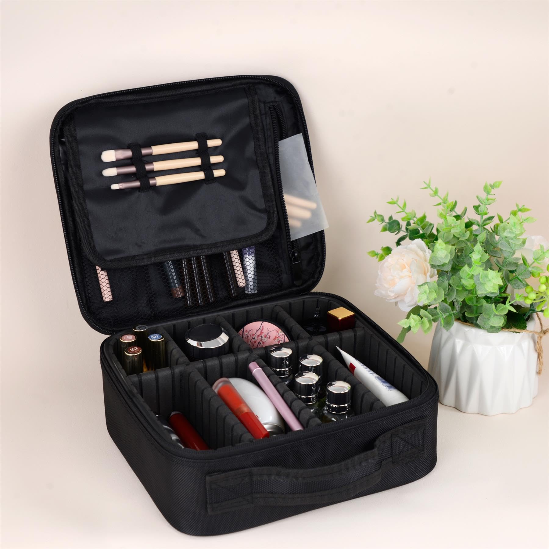 igadgitz Home U7282 Porta Trucchi, Beauty Case da Viaggio, Make Up Bag, con Divisori Regolabili eManiglia - Nero