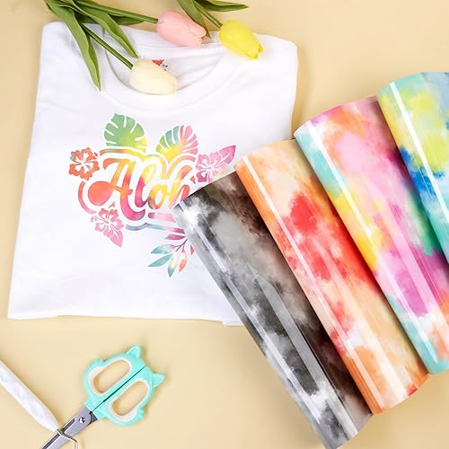 Miniatura 4 de Tintnut Vinilo de transferencia de calor de teñido anudado, 4 hojas de vinilo HTV de teñido anudado de 10 x 12 pulgadas para camisetas de bricolaje,