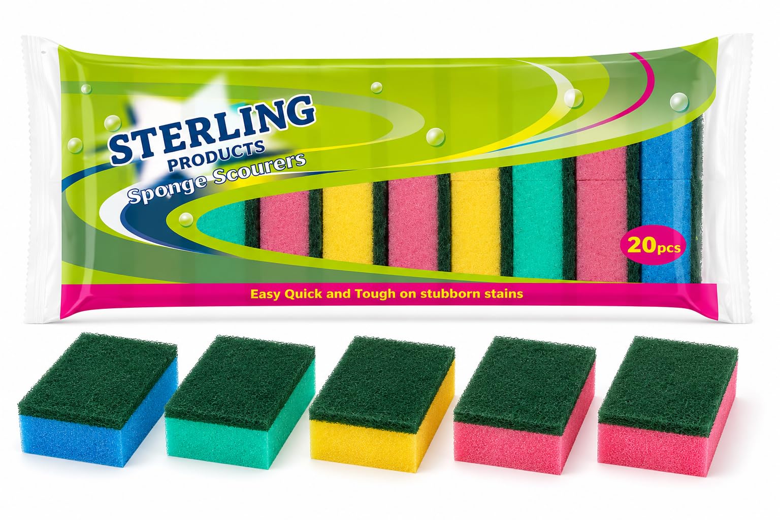 STERLING PRODUCTS Multi Colour Sponge Scourers 20 Pack – Non Scratch Kitchen Cleaning Sponges for Dishes, Pots, Pans & Household Cleaning