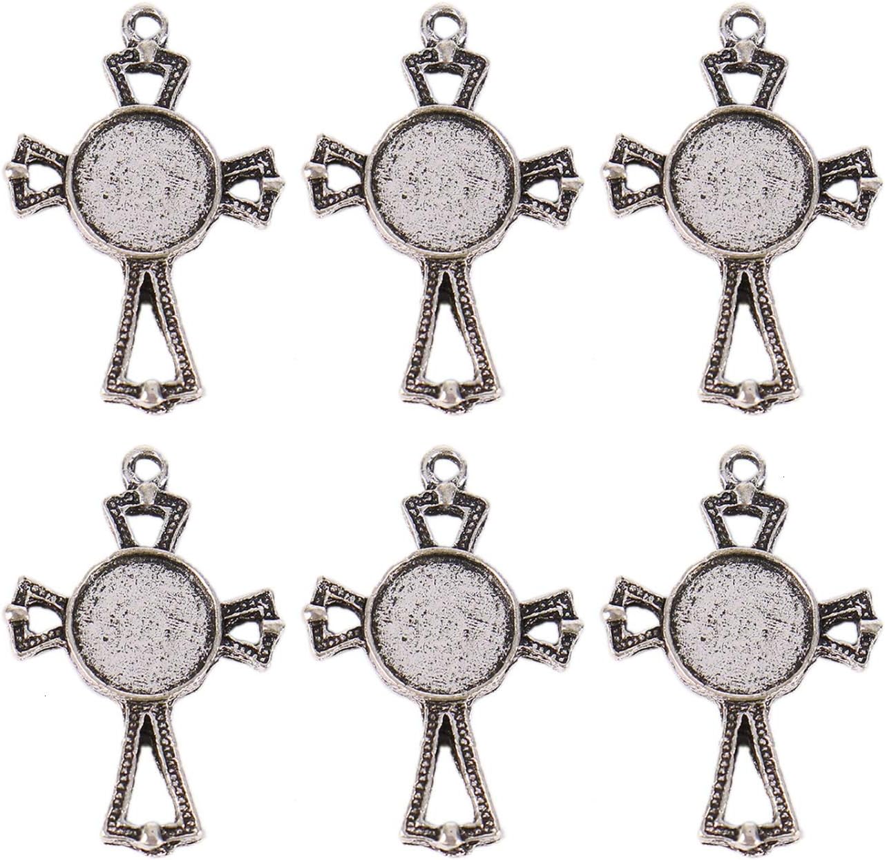 50Pcs Cross Pendant Trays, Alloy Cross Pendant Cabochon Bezel Settings Trays Pendant Blanks for Jewelry Making