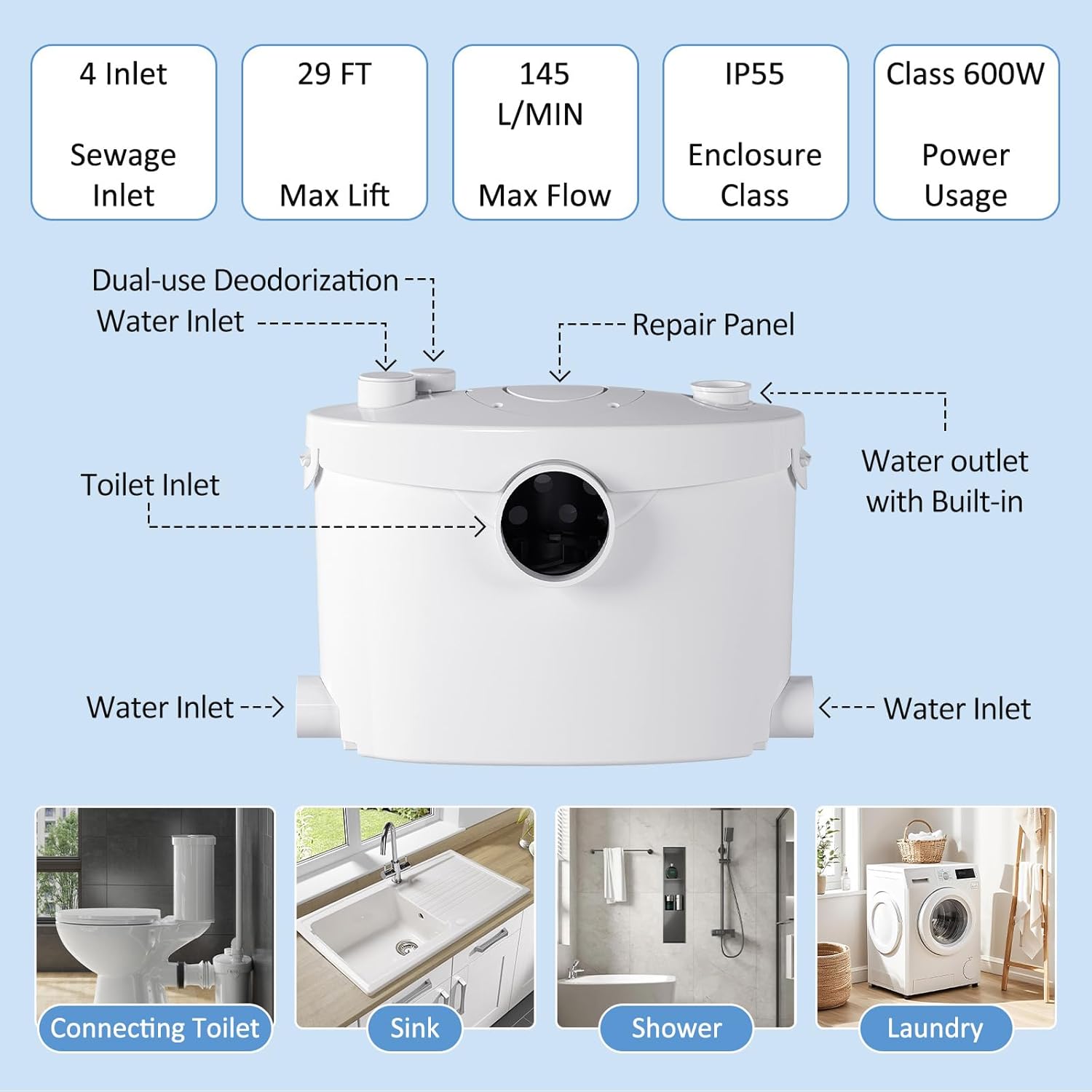 Simple Projec 600w Macerating Toilet System, Silent & Powerful Upflush Toilet for Basement, Upflow Toilets Included Macerator Pump with Ac Vent & 4 Water Inltes For Bathroom- 2-piece Kit