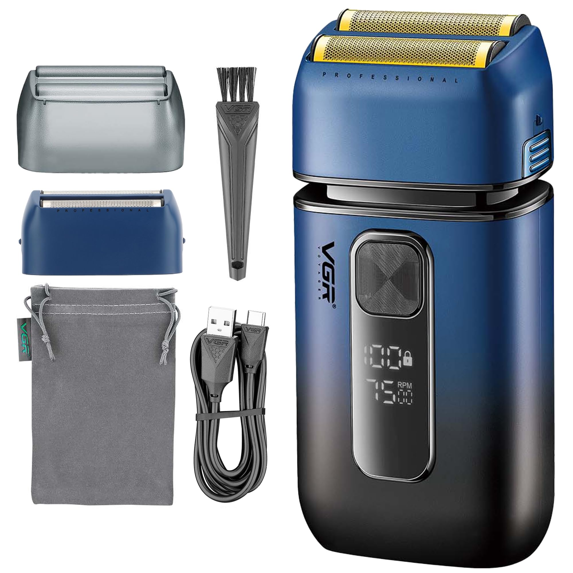 VGR Elektrischer Folienrasierer für Herren, 7500 U/min, Pop-Up-Trimmer, USB-C-wiederaufladbarer 120-min-Akku, für Gesicht, Haare, Bart, Hals, Glatze, Haut, verblassend