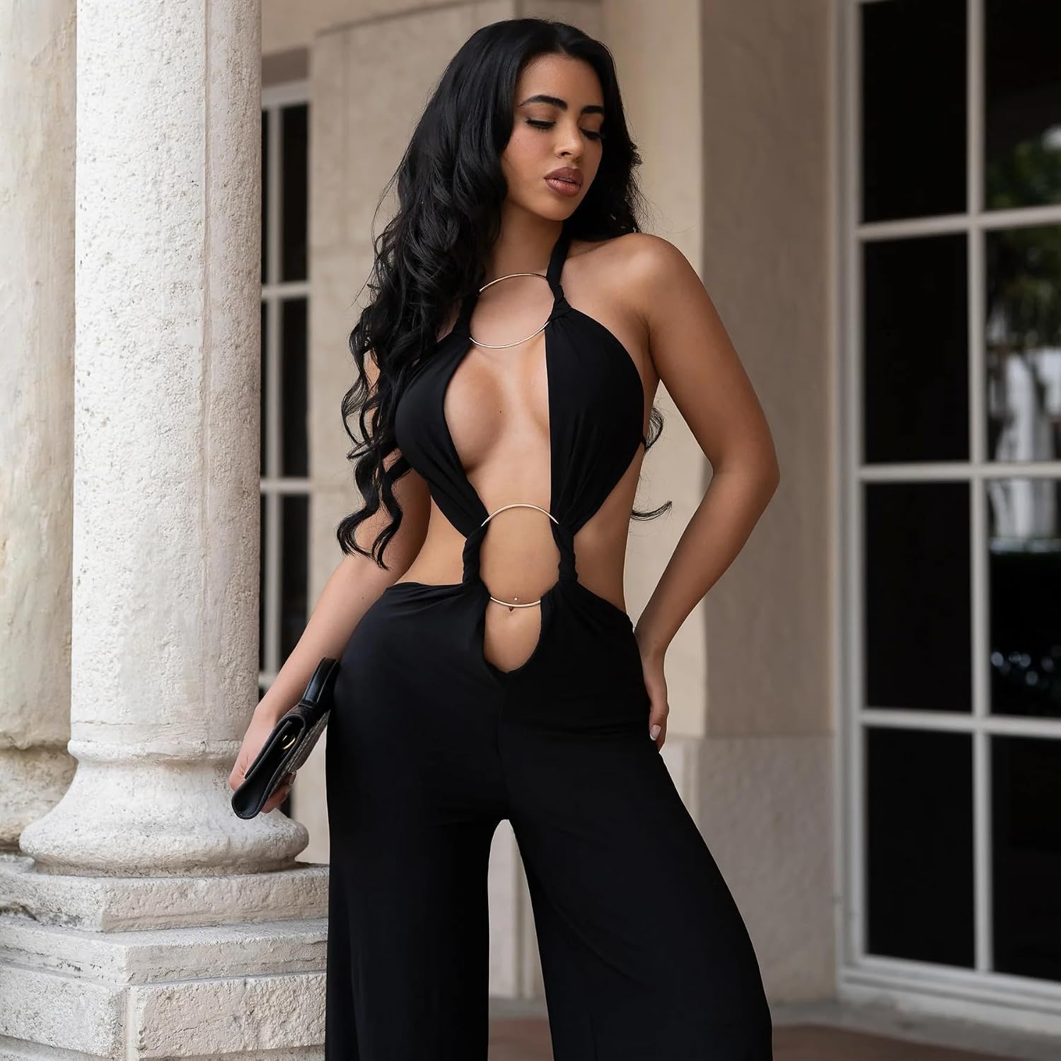 Jumpsuit for Women Backless Halter Neck Cut Out Waist Wide Leg Romper Night Out Party Set