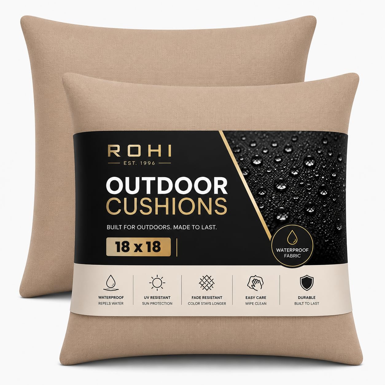 Rohi Waterproof Outdoor Cushion 2 Pack Filled – Decorative Waterproof Cushions for Garden, Patio, Couch, Tent, Balcony and Sofa (Latte, 18" x 18")