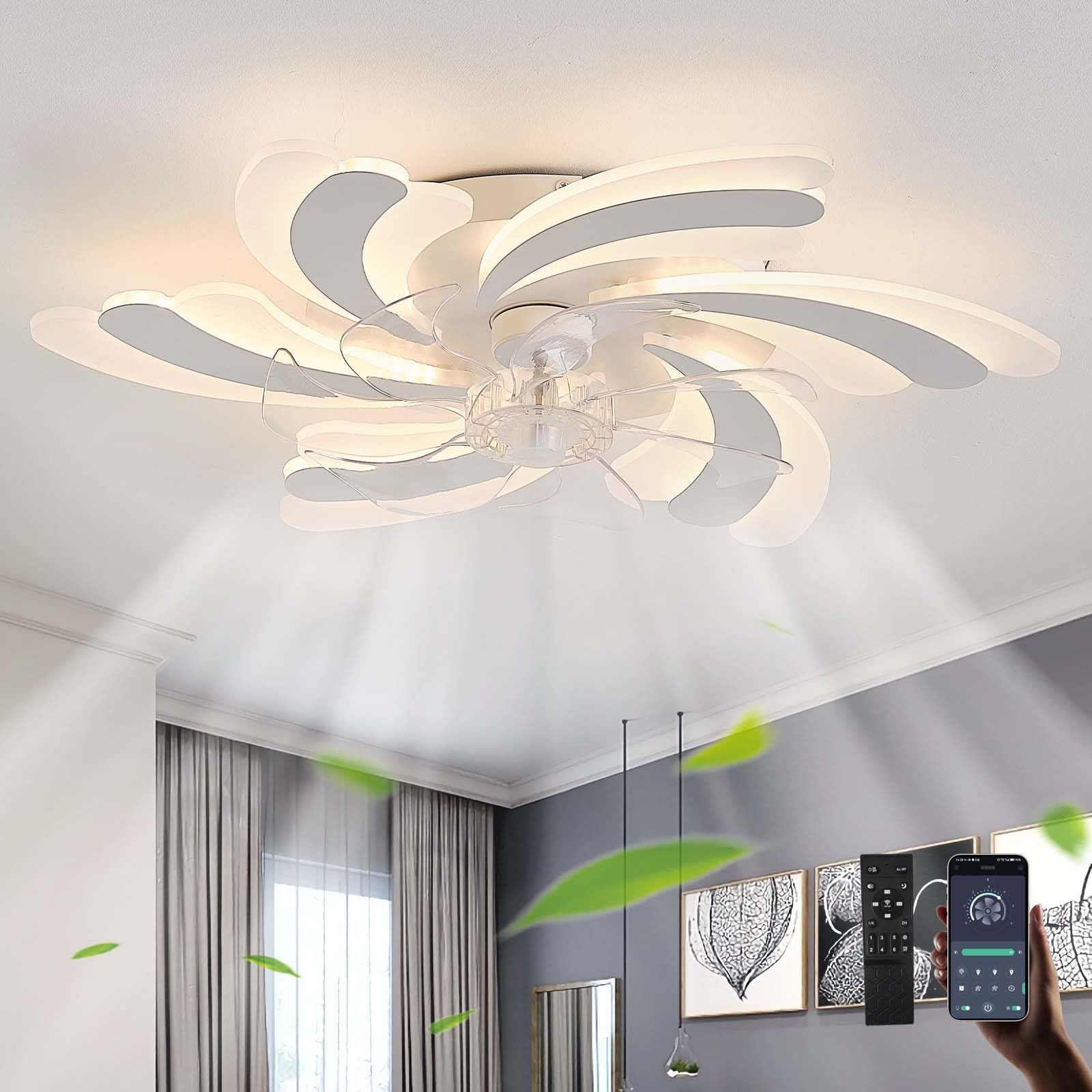 SXDMOUBK Modern LED Ceiling Fan Light with Silent 6 Speed Reversible Dimmable Smart Lamp with Memory Funct for Bedroom & Living Room White h