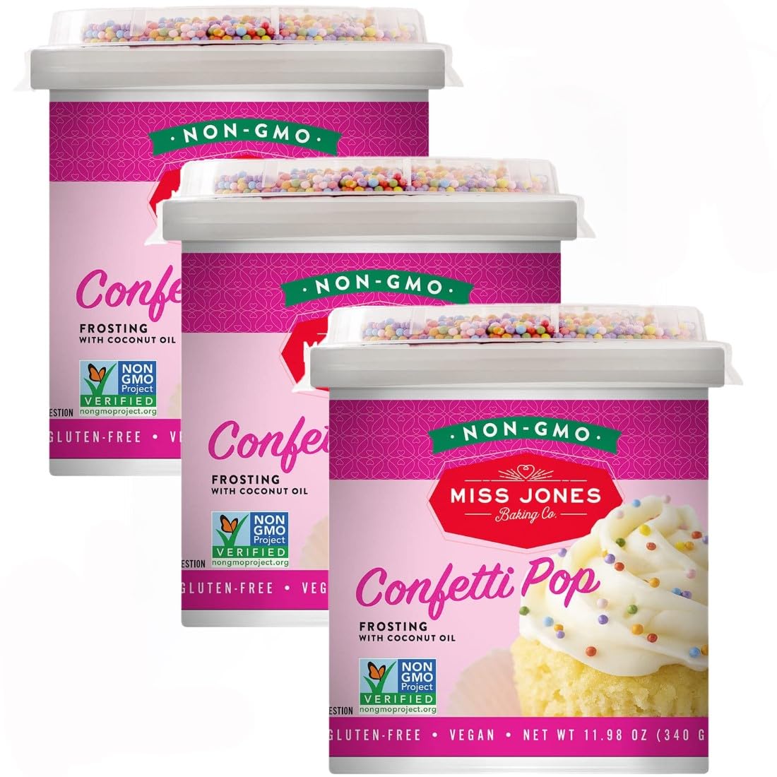 Miss Jones Baking 90% Organic Birthday Buttercream Frosting, Perfect for Icing and Decorating, Vegan-Friendly: Confetti Pop (Pack of 3) 11.98 Ounce (Pack of 3)