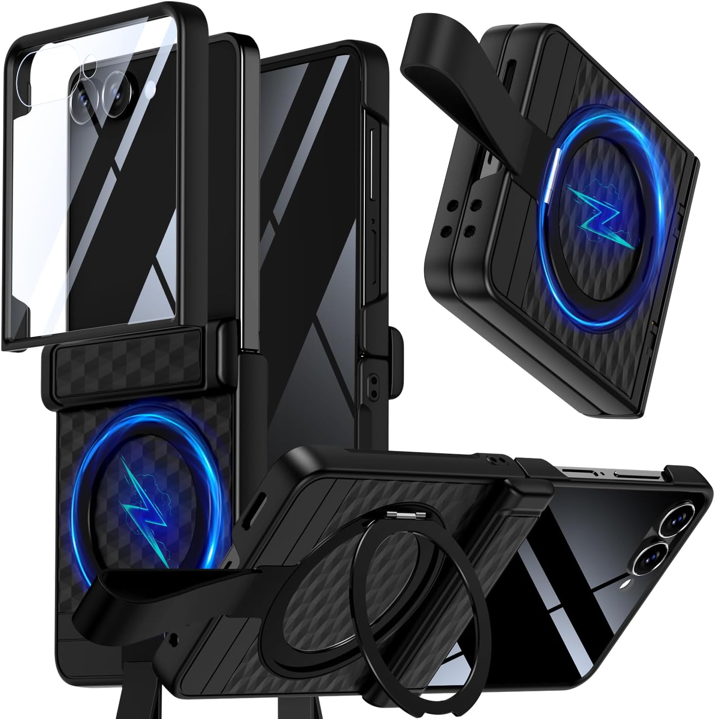 TIANNIUKE for Samsung Galaxy Z Flip 7 Case with Screen Protector,360°Rotatable Magnetic Ring Holder Stand with Silicone Strap,Fit for MagSafe [Non-Slip] Hinge Protective Phone Cases 3 (Black)