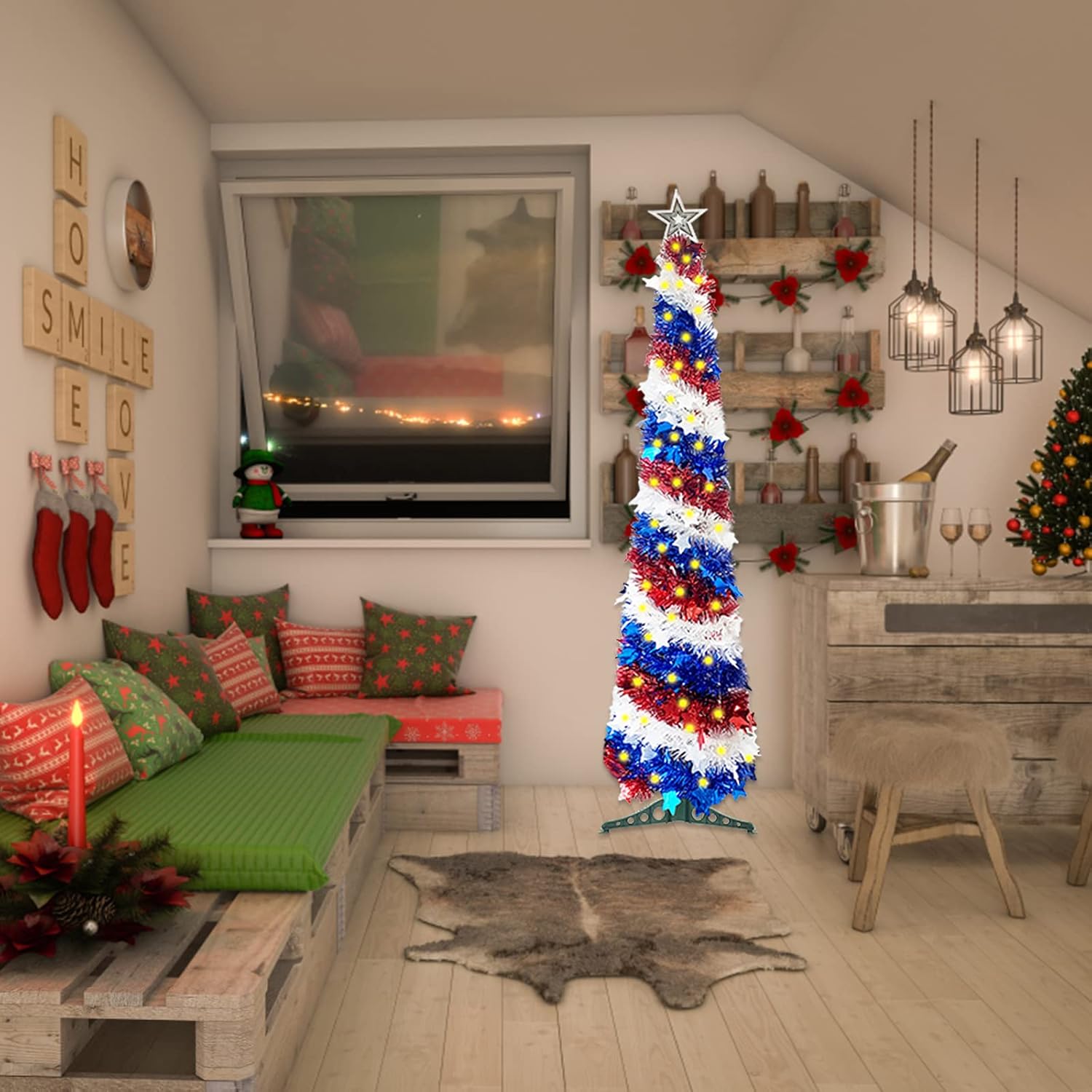 5Ft Pop up Christmas Tree 4th of July Patriotic Decorations Tree with 100 Lights, Artificial Collapsible Star Sequins Christmas Tree for Indoor Outdoor Independence Day Patriotic Party Decorations
