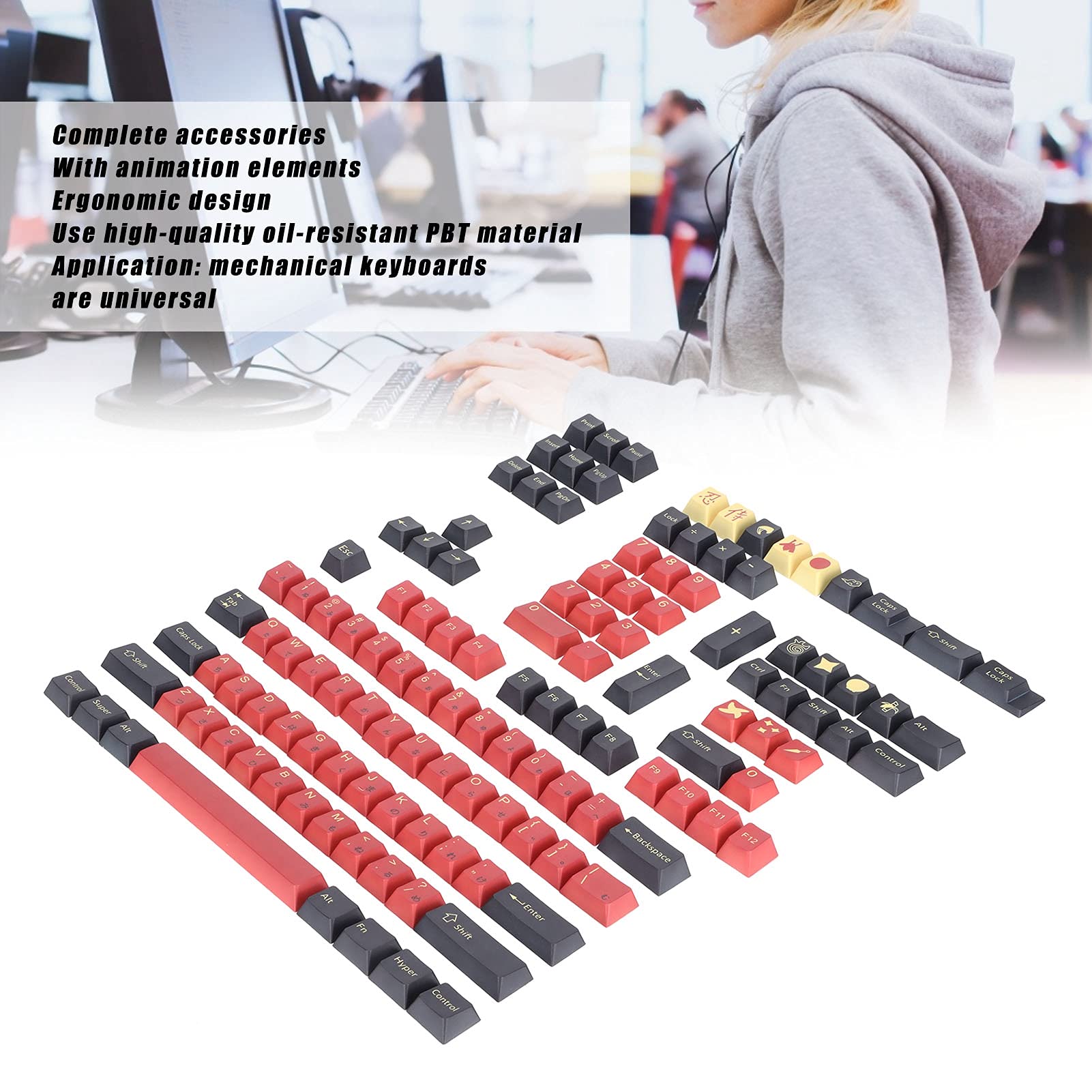 128 Klawiszy Nasadek na Klawisze PBT w Stylu Japońskim z Elementami Animacji do Klawiatury do Gier Komputerowych, Trwały materiał Olejoodporny, Ergonomiczna Konstrukcja do Długotrwałego