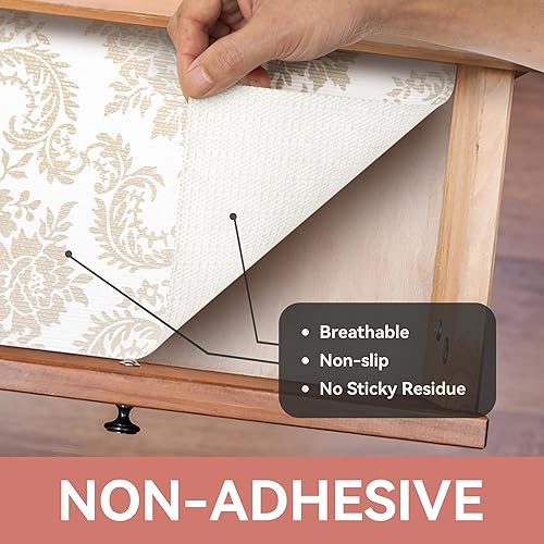 Miniatura 8 de RAY STAR Revestimiento para estantes, revestimiento floral de damasco dorado no adhesivo para cajón de despensa, agarre fuerte, antideslizante,