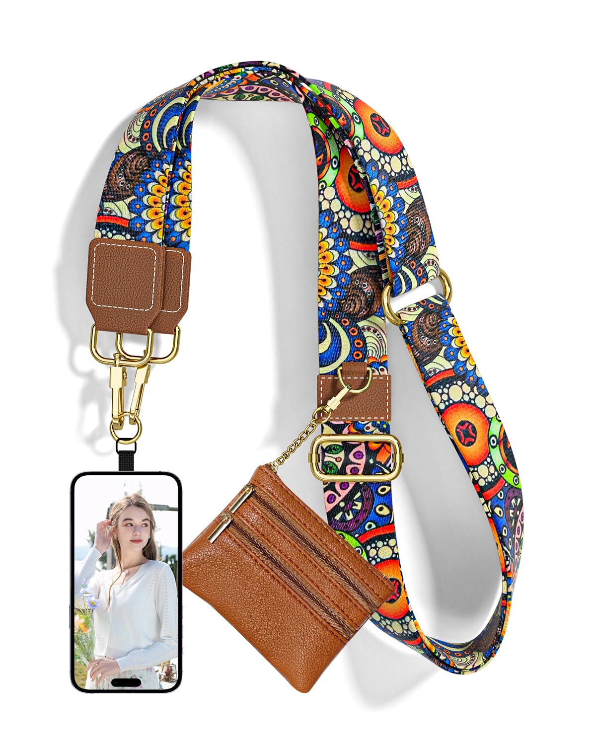 Nipichsha Crossbody Phone Strap with Wallet, Clip and Go Strap for Phone with Wallet, Adjustable Crossbody Cell Belt with Zippered Pouch, Neck