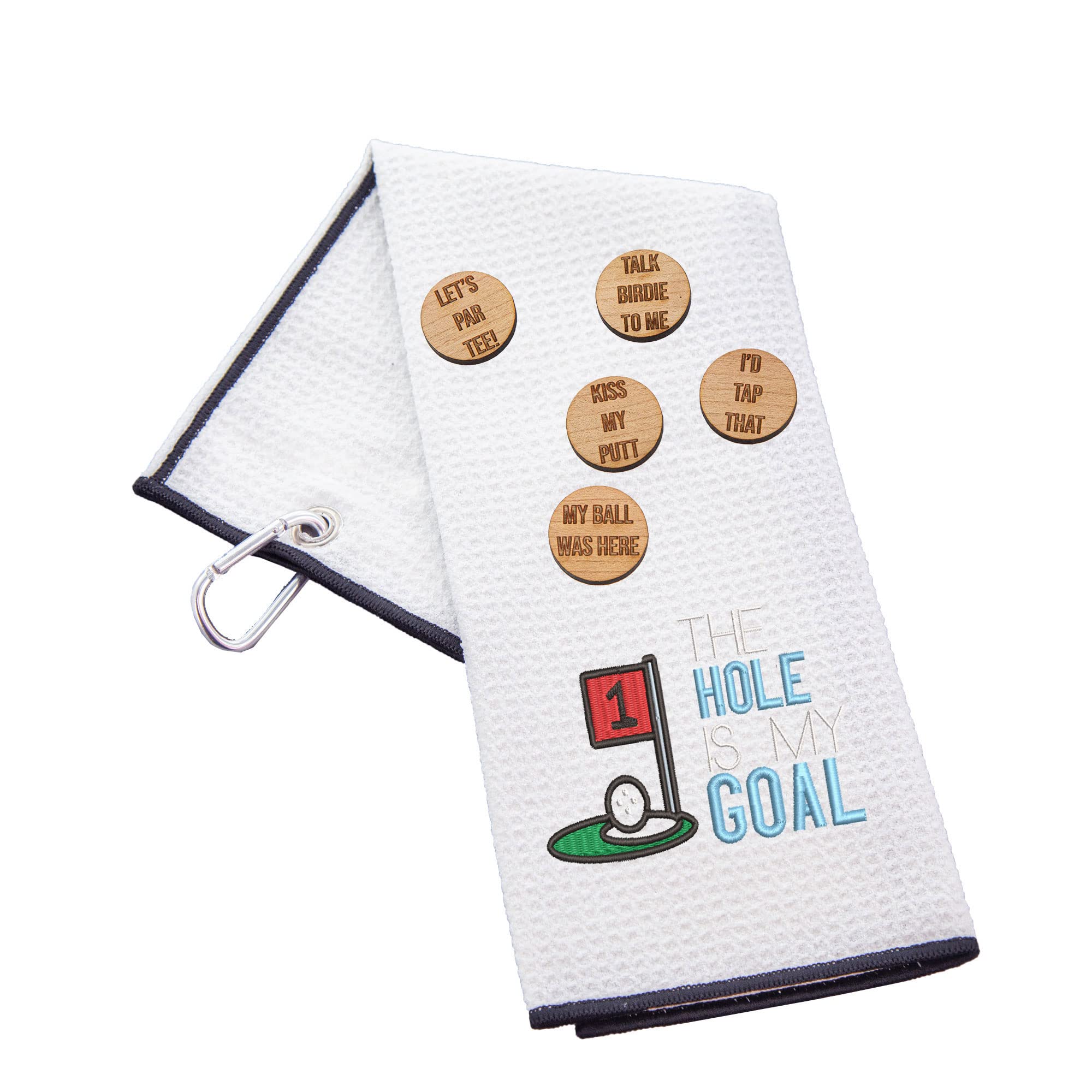 Funny Trifold Golf Towel and Comedy Wooden Ball Marker Set Gift for Men, Carabiner Clip for Golf Bags, Hole is my Goal, Waffle White
