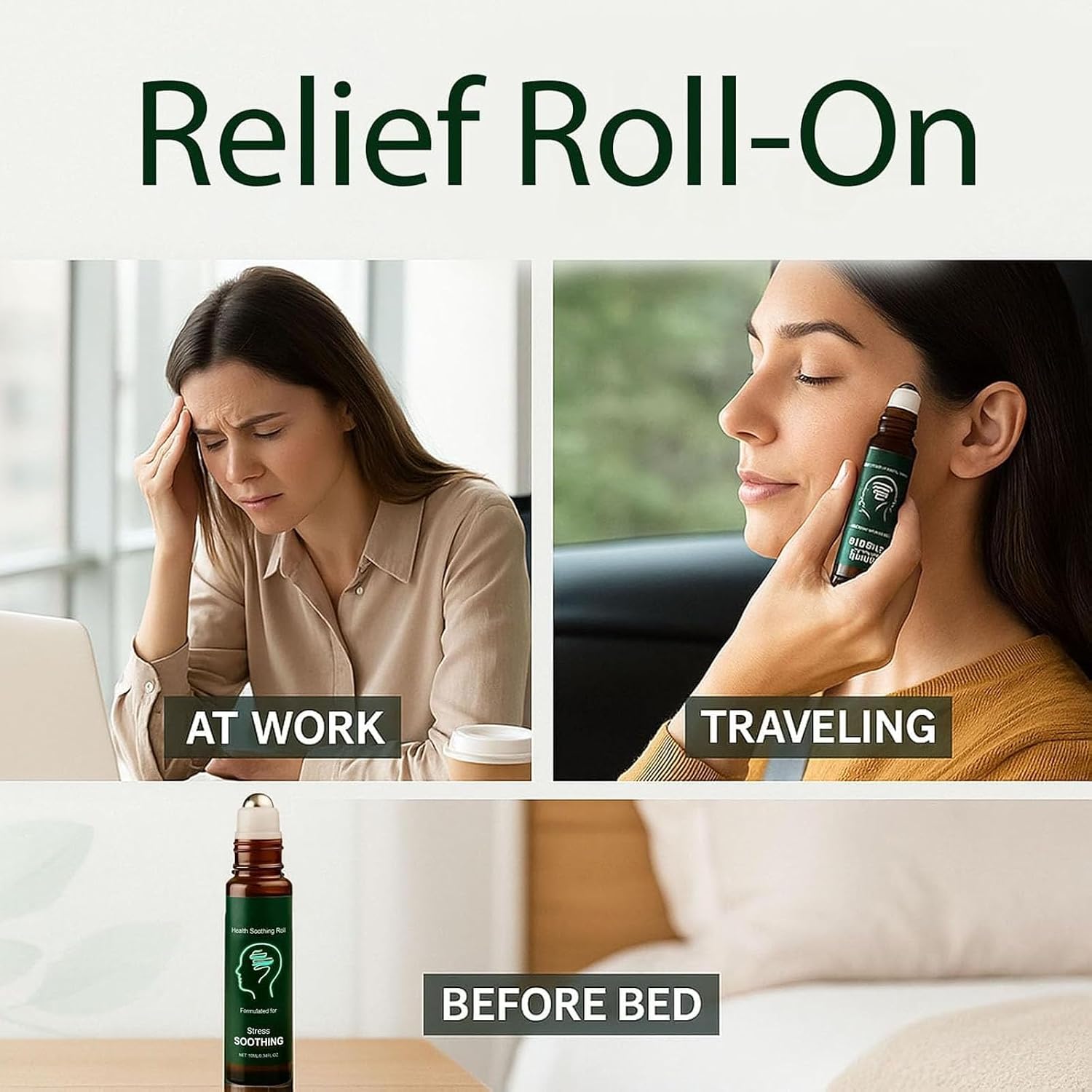 Migraine Relief Roll-On, Peppermint Essential Oil Roll On for Fast Headache, Long-Lasting Support