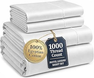 100% Egyptian Cotton Sheets King Size - 1000 Thread Count Silky Sateen King Size Sheets Set, Naturally Cooling & Breathabl...