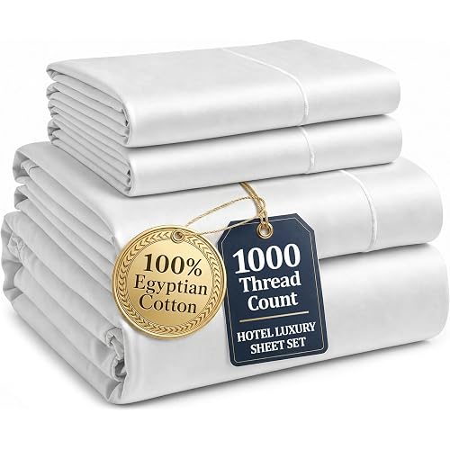 100% Egyptian Cotton Sheets King Size - 1000 Thread Count Silky Sateen King Size Sheets Set, Naturally Cooling & Breathable, Ultra-Soft Hotel Luxury Sheets with 15" Snug Fit Deep Pockets - White