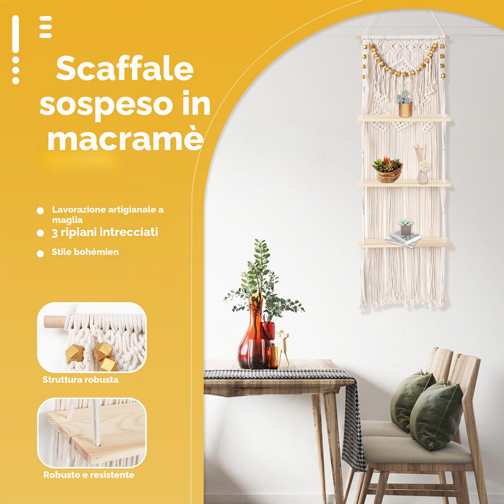 Arazzo da parete in macramè, 3 animali, realizzato a mano, con nappe, organizer da parete, galleggiante, per decorazione della casa (40 x 120 cm)