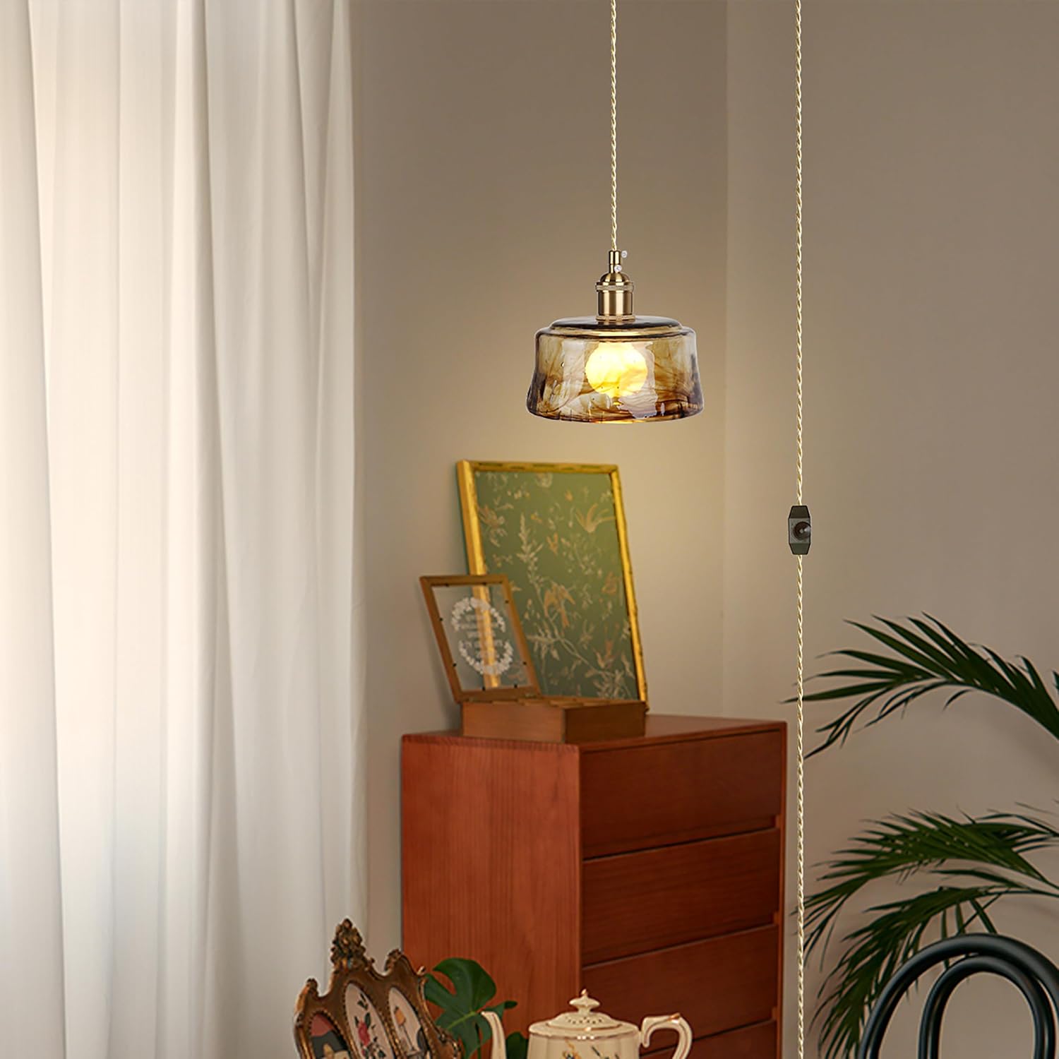 Sedelan Plug in Hanging Light, Glass Hanging Lights with Plug in Cord，Dimmable Pendant Lights Kitchen Island, Vintage Pendant Light Fixtures for Living Room Bedroom Hallway