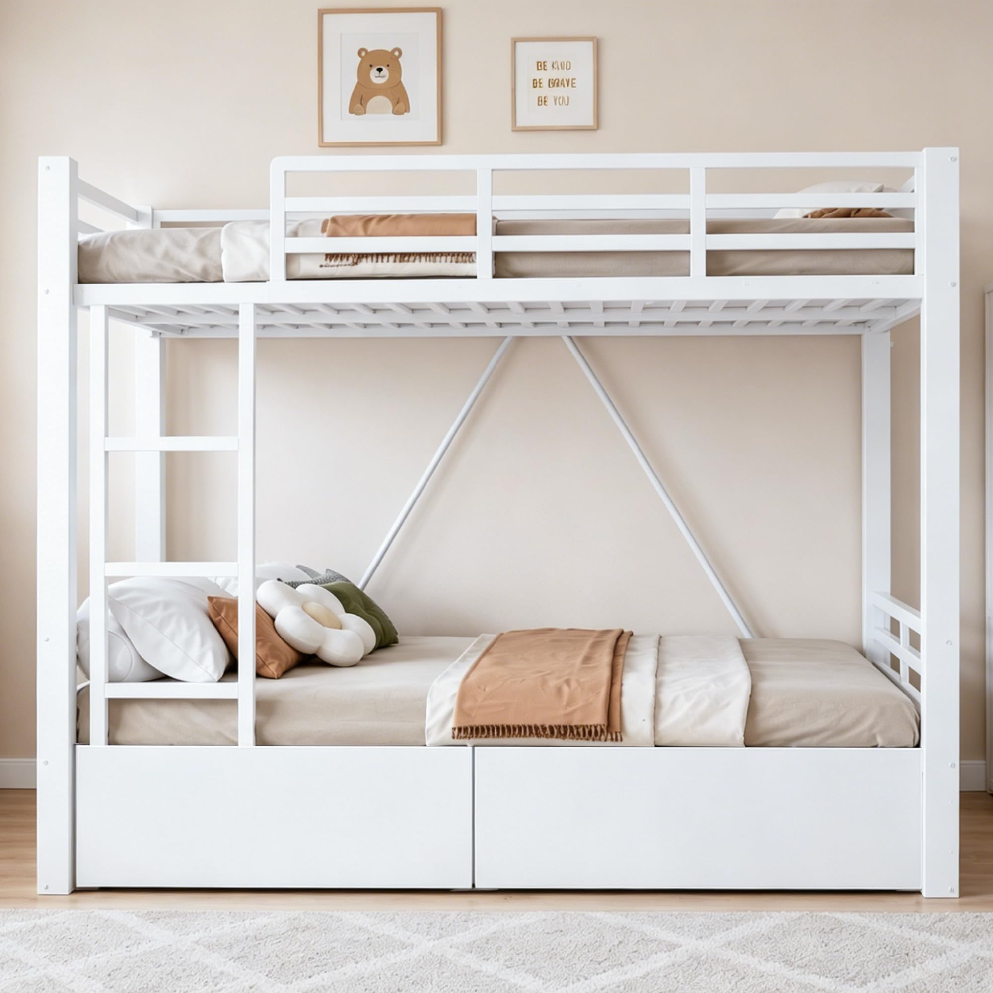 Merax Metall-Etagenbett 140x200 cm mit Schubladen, Sicherheitsgeländer & Leiter – platzsparendes Kinderbett, Weiß (Ohne Matratze)